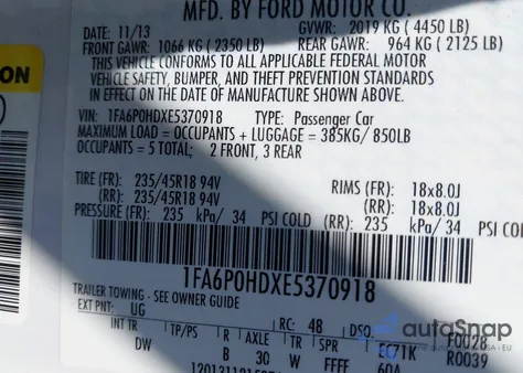 2014 Ford Fusion Se from USA, damaged, VIN 1FA6P0HDXE5370918